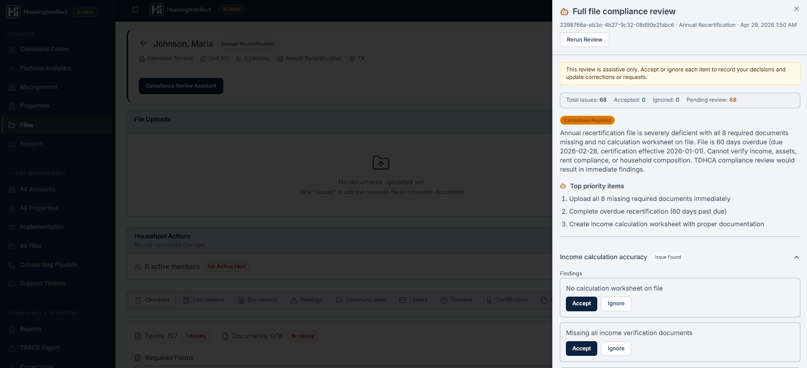HousingIntellect file review screen showing required forms, corrections, and document status